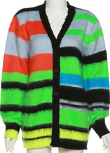 Load image into Gallery viewer, This multicolored striped cardigan is the perfect combination of cozy and chic! Featuring bold contrast stripes and a relaxed fit, it’s crafted from a soft, breathable fabric blend (91%-95%) that’s both comfortable and flattering. Designed for versatile wear, this cardigan is an ideal choice for shopping days, casual outings, beach trips, or coffee dates.
