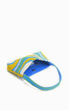 Load image into Gallery viewer, Blue toned handbag with colorful striped band on a white background
