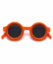 Load image into Gallery viewer, Neon orange round sunglasses with a bold chunky frame and dark tinted lenses on a clean white background.
