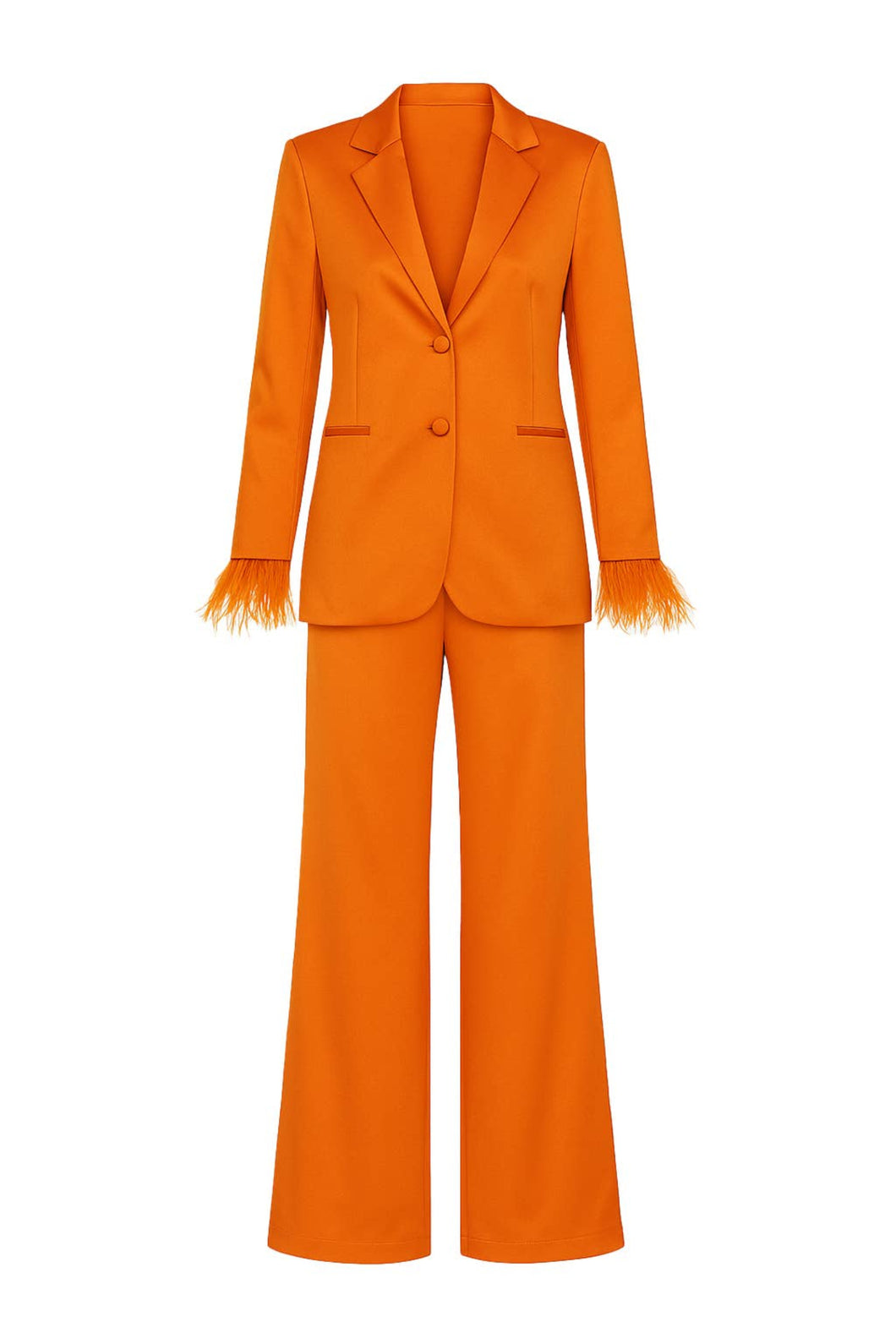 Orange suit with feather wrist cuffs on a white background