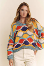 Load image into Gallery viewer, Woman wearing a colorful patterned sweater against a plain background
