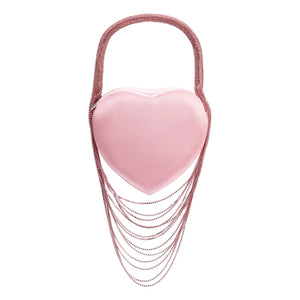 Turn heads with this bold and beautiful heart-shaped bag, designed to make every outfit pop. Featuring a detachable rhinestone handle, it transitions effortlessly from a chic top-handle style to a practical crossbody. Compact yet striking, this bag is perfect for carrying your essentials while adding a touch of sparkle to your look.