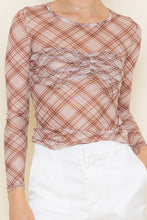 Load image into Gallery viewer, Plaid long-sleeve top with a knot detail on a plain background
