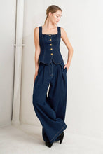 Load image into Gallery viewer, Wide Leg Pleated Denim Pants with Structured Waistband.
