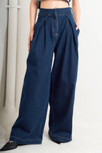 Load image into Gallery viewer, Wide Leg Pleated Denim Pants with Structured Waistband.
