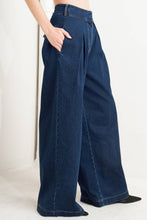 Load image into Gallery viewer, Wide Leg Pleated Denim Pants with Structured Waistband.
