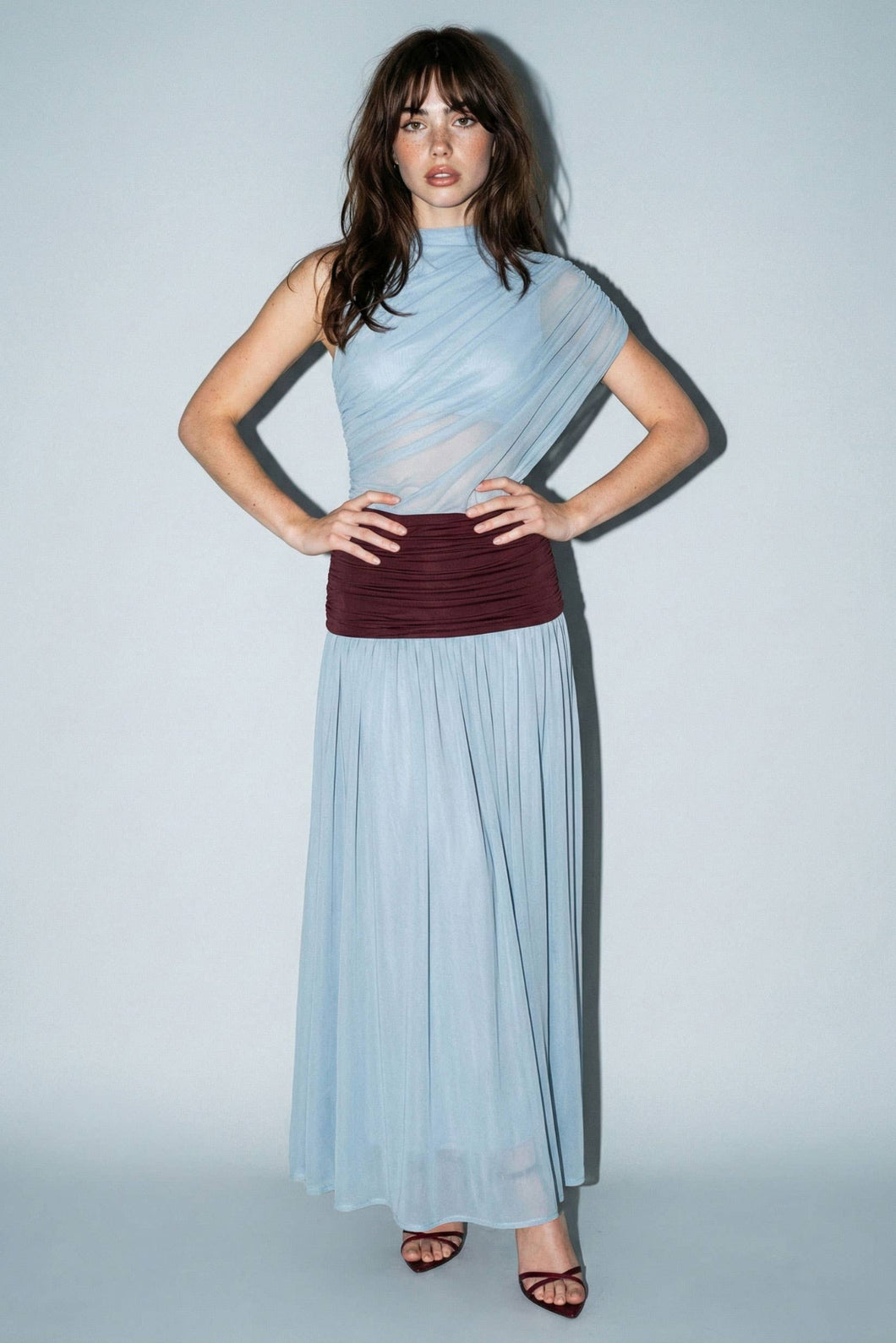Powder Blue Mesh Maxi Dress with Burgundy Ruched Waist