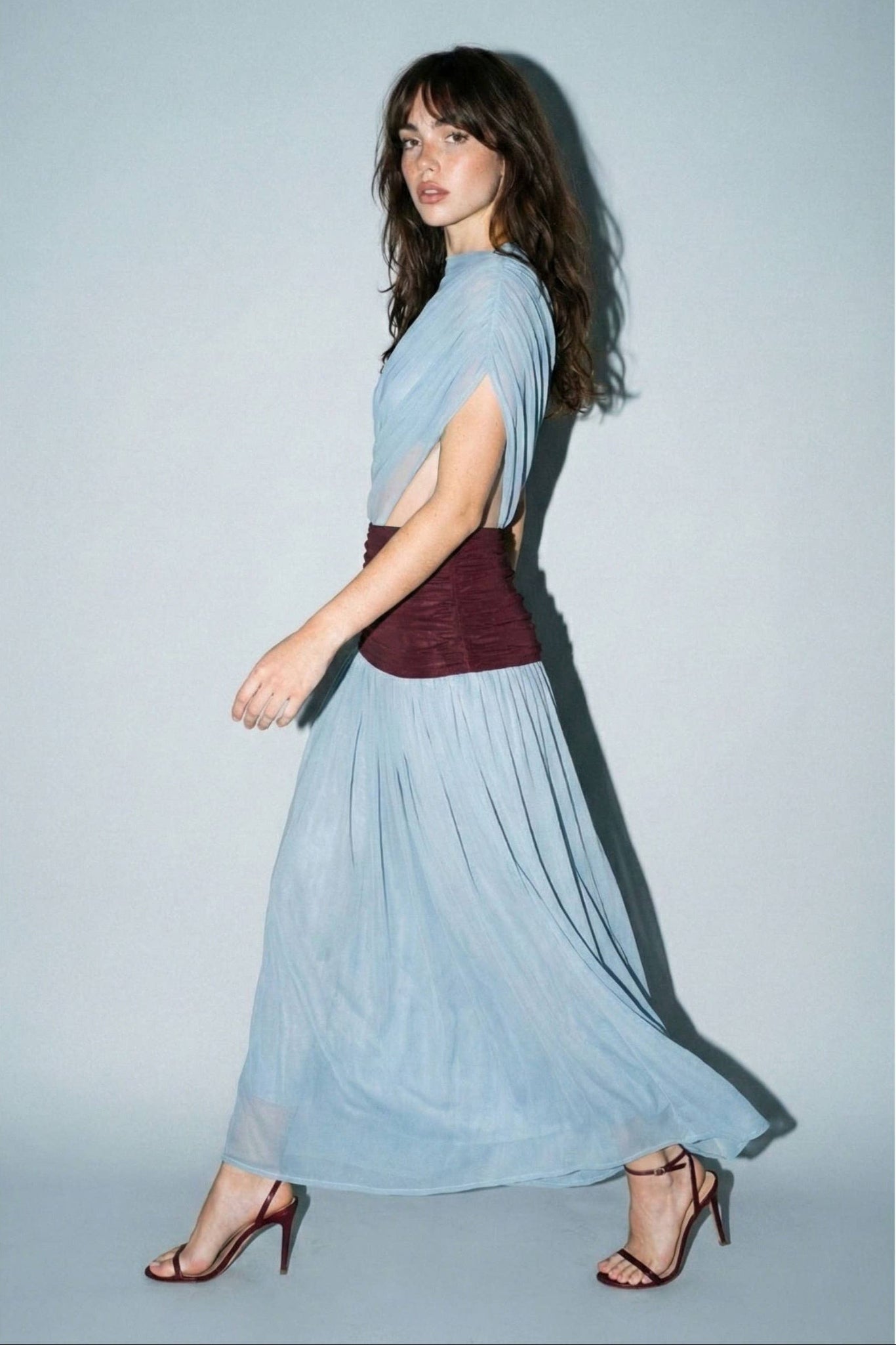 Powder Blue Mesh Maxi Dress with Burgundy Ruched Waist