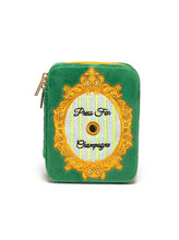 Load image into Gallery viewer, Green velvet "Press for Champagne" jewelry organizer case with built-in mirror, ring holder, and compartments for travel jewelry storage.
