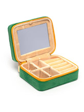 Load image into Gallery viewer, Green velvet "Press for Champagne" jewelry organizer case with built-in mirror, ring holder, and compartments for travel jewelry storage.
