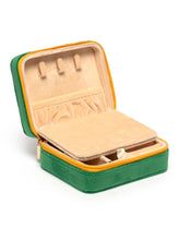 Load image into Gallery viewer, Green velvet "Press for Champagne" jewelry organizer case with built-in mirror, ring holder, and compartments for travel jewelry storage.
