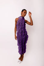 Load image into Gallery viewer, Purple high-neck midi dress with textured ruffles and fitted silhouette worn by model.
