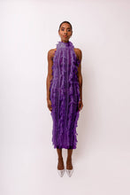 Load image into Gallery viewer, Purple high-neck midi dress with textured ruffles and fitted silhouette worn by model.
