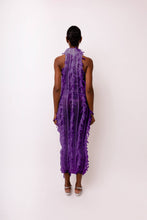 Load image into Gallery viewer, Purple high-neck midi dress with textured ruffles and fitted silhouette worn by model.
