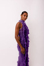 Load image into Gallery viewer, Purple high-neck midi dress with textured ruffles and fitted silhouette worn by model.
