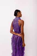 Load image into Gallery viewer, Purple high-neck midi dress with textured ruffles and fitted silhouette worn by model.
