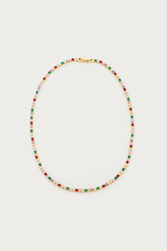 Introducing our stunning Rainbow Tennis Necklace – a dazzling fusion of vibrant hues that will elevate your style to new heights. This eye-catching necklace features a carefully curated selection of multicolored stones, each intricately set to create a mesmerizing rainbow effect. 