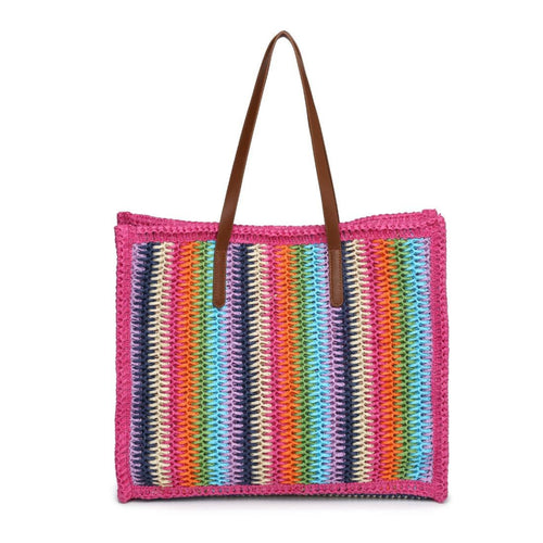 Colorful striped woven bag with brown handles on a white background