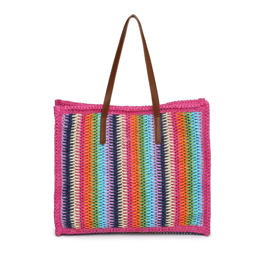 Colorful striped woven bag with brown handles on a white background