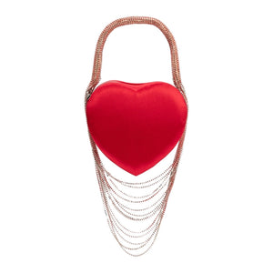 **Red Satin Heart-Shaped Top Handle Bag**  

Make a bold statement with this stunning heart-shaped bag in vibrant red satin. Perfect for turning heads, it features a detachable rhinestone handle for versatile styling—carry it as a chic top-handle or wear it as a crossbody. Compact yet impactful, it’s designed to hold your essentials while adding a touch of glamour to any outfit.  

