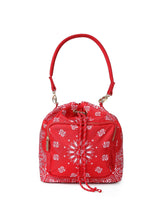 Load image into Gallery viewer, Red bandana print convertible bucket bag with drawstring closure and adjustable straps that can be worn as a backpack, shoulder bag, or crossbody bag.
