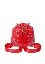 Load image into Gallery viewer, Red bandana print convertible bucket bag with drawstring closure and adjustable straps that can be worn as a backpack, shoulder bag, or crossbody bag.
