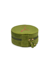 Load image into Gallery viewer, Round olive green velvet jewelry travel case with embroidered pink martini glass, zip-around closure, built-in mirror, ring rolls, and compartments for storing rings, earrings, necklaces, and bracelets.
