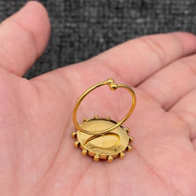 Load image into Gallery viewer, Adjustable 18K gold-plated stainless steel ring with a round shattered-shell mosaic face and raised gold scallop shell detail.
