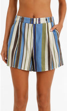 Load image into Gallery viewer, Blue and green striped relaxed fit shorts with a flowy silhouette, worn by a model.
