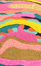 Load image into Gallery viewer, Close-up of a colorful beaded fabric with pink, yellow, and gold patterns.
