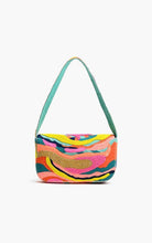 Load image into Gallery viewer, Multicolored beaded handbag with a green strap on a white background
