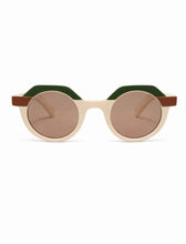 Load image into Gallery viewer, Round colorblock sunglasses with cream frame, green and brown accents, and tinted lenses.
