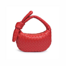 Load image into Gallery viewer, Red woven vegan leather clutch bag featuring a sculptural knotted top handle, curved silhouette, and gold-tone zipper closure, photographed on a white background.
