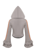 Load image into Gallery viewer, Dark gray fitted zip-up hoodie with orange sleeve stripes, oversized hood and dramatic layered ruffle bell sleeves.
