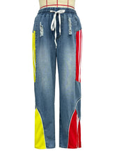 Load image into Gallery viewer, Sporty contrast stripe wide leg denim jeans with drawstring waistband.
