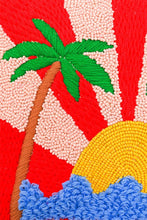 Load image into Gallery viewer, Textile art with a palm tree, sun, and beach scene on a red and pink striped beaded handbag.

