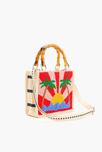 Load image into Gallery viewer, Handbag with a tropical design featuring a sun and palm trees on a white background
