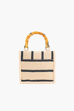 Load image into Gallery viewer, Beige handbag with black stripes and yellow handles on a white background
