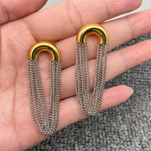 Load image into Gallery viewer, Two-tone chain fringe drop earrings with polished 18K gold-plated curved tops and cascading silver-tone stainless steel chains.
