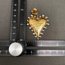 Load image into Gallery viewer, Two-tone heart statement earrings featuring textured 18K gold-plated stainless steel hearts with polished silver-tone accents.
