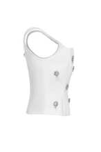 Load image into Gallery viewer, White structured bustier top featuring wide straps and multiple crystal floral embellishments across the front, photographed on a white background.
