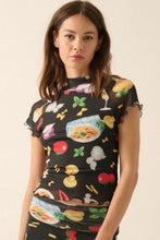 Load image into Gallery viewer, Model wearing the colorful Italian food print mesh set from Glam Expressway, featuring a fitted long sleeve crop top and a high-waisted foldover waistband maxi skirt with pasta, pizza, and tomato motifs — perfect for bold, statement resort wear or summer styling.
