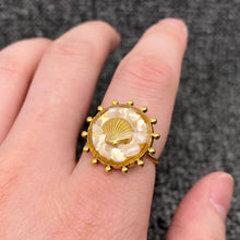 Load image into Gallery viewer, Adjustable 18K gold-plated stainless steel ring with a round shattered-shell mosaic face and raised gold scallop shell detail.
