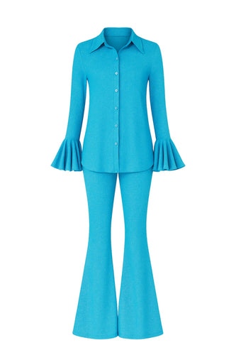Turquoise bell-sleeve top and flared pants set on a white background