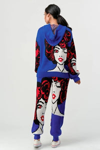 Anime face comic strip sweater set. A cozy red and blue hoodie top combined with a matching pair of jogger pants. Designed with side seams pockets. Perfect lounge or weekend wear!