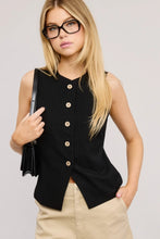 Load image into Gallery viewer, Elevate your wardrobe with this timeless pinstriped vest, featuring an all-over pinstripe pattern that exudes sophistication. Designed with a round neckline and a buttoned front, this sleeveless waistcoat is perfect for layering or wearing solo. Its regular-length fit and split hem add a touch of contemporary flair, making it a versatile piece for both casual and dressy looks. Style it with tailored trousers for a polished ensemble or over a crisp shirt for a chic, preppy vibe.
