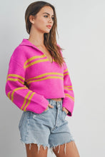 Load image into Gallery viewer, Brighten up your wardrobe with our Pink and Yellow Striped Sweater Top! This slightly cropped, ultra-soft knit is a playful burst of color that’s perfect for layering or wearing solo. Bold, comfy, and effortlessly chic—this is the sweater your closet has been waiting for!
