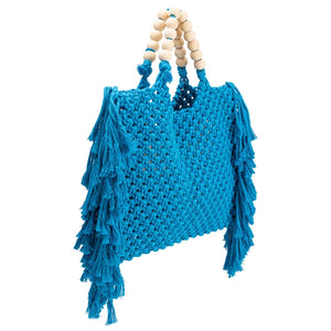 Introducing our latest addition to the family, our Blue Crochet Large Tote Bag, the perfect tote bag with both fashion and practicality. Designed with a hand knitted crochet look with fringe on the sides and wooden beads along the handle. This crochet bag is spacious enough to carry a standard size tablet and all your warm weather essentials.