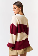 Load image into Gallery viewer, The game day Stripe Oversized Polo Sweater Top is your new go-to for effortless style! Featuring chic cream and brown stripes, this sweater offers an oversized fit that&#39;s both trendy and comfortable. Crafted with excellent quality, it&#39;s a versatile staple perfect for layering or wearing solo. Pair it with jeans for a casual game-day vibe or dress it up with tailored pieces for a polished look. On-trend, cozy, and oh-so-stylish—this is the sweater you&#39;ll reach for again and again!
