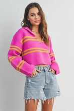 Load image into Gallery viewer, Brighten up your wardrobe with our Pink and Yellow Striped Sweater Top! This slightly cropped, ultra-soft knit is a playful burst of color that’s perfect for layering or wearing solo. Bold, comfy, and effortlessly chic—this is the sweater your closet has been waiting for!
